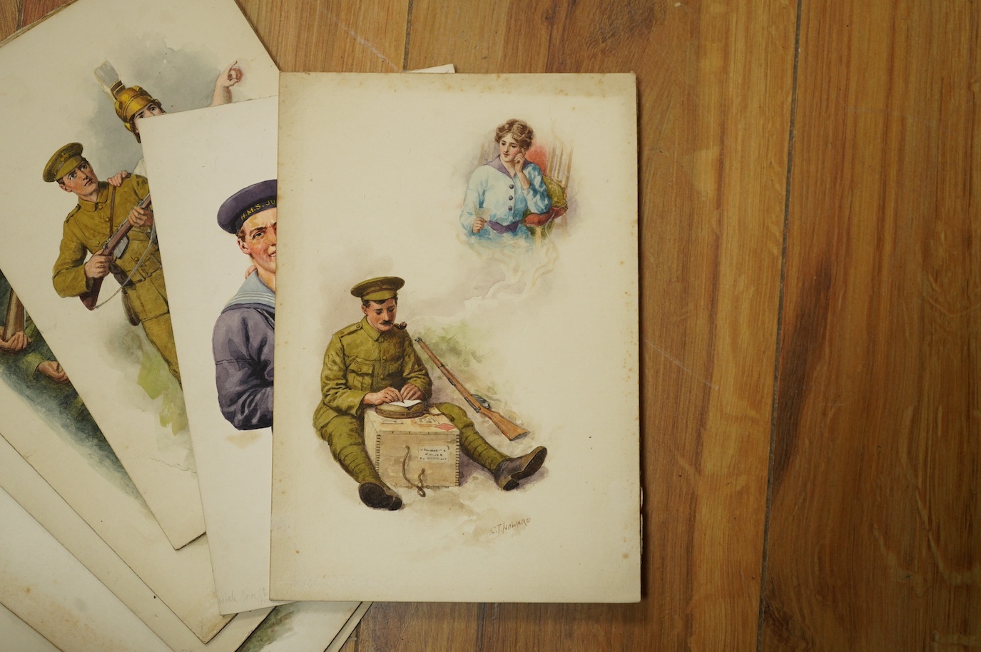Charles Thomas Howard (1865–1942), eight original WWI watercolours for patriotic postcard designs to include ‘Soldiers of the Allied Nations’ and ‘Britannia and Solider’ unframed, some signed, 17 x 25cm. Condition - fair